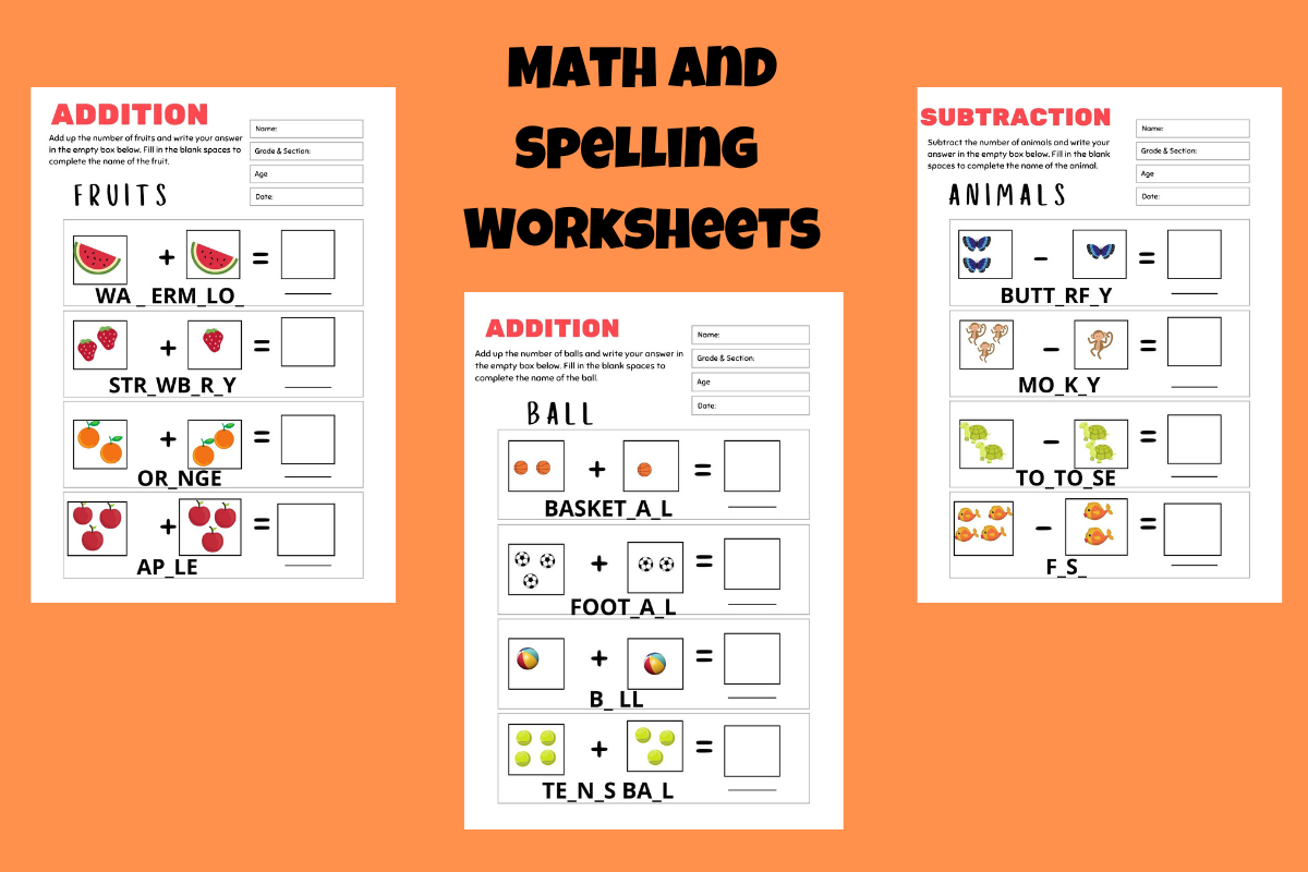 math-and-spelling-worksheets-graphic-by-lorify-printables-creative-fabrica