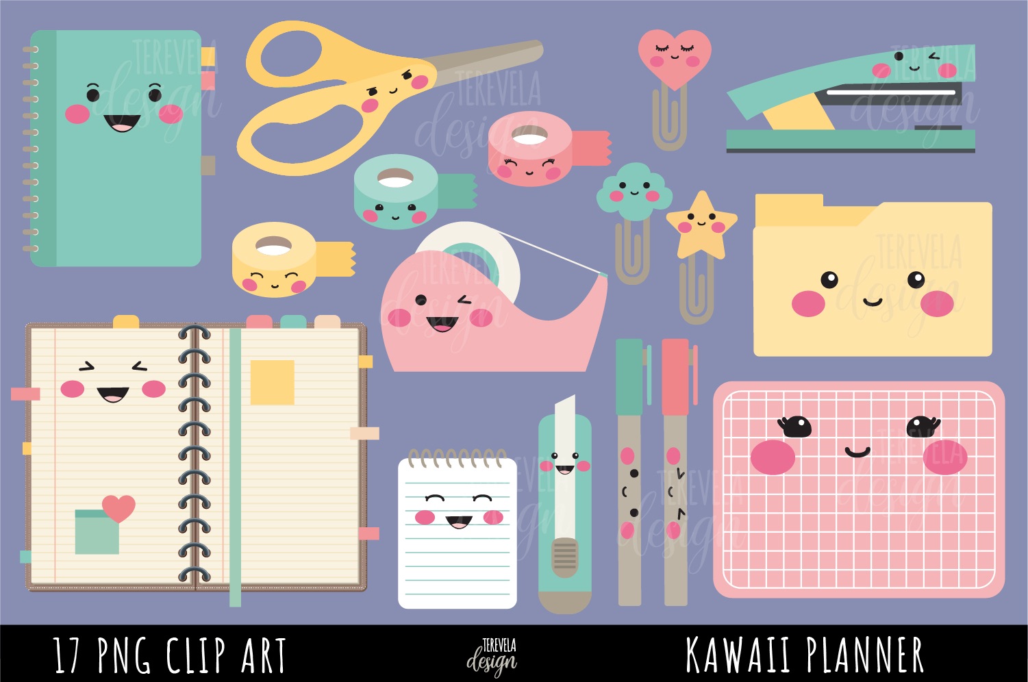 Gráfico de material escolar kawaii · Creative Fabrica