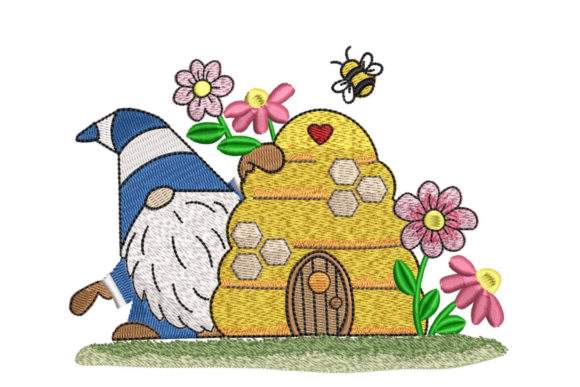 Gnome and Bee Hive - Add a playful and fun accent to your next creative embroidery project with this lovely gnome and his beehive home! It will add a colorful and fresh touch to any fabric! This machine embroidery design comes with multiple embroidery file formats and can be 