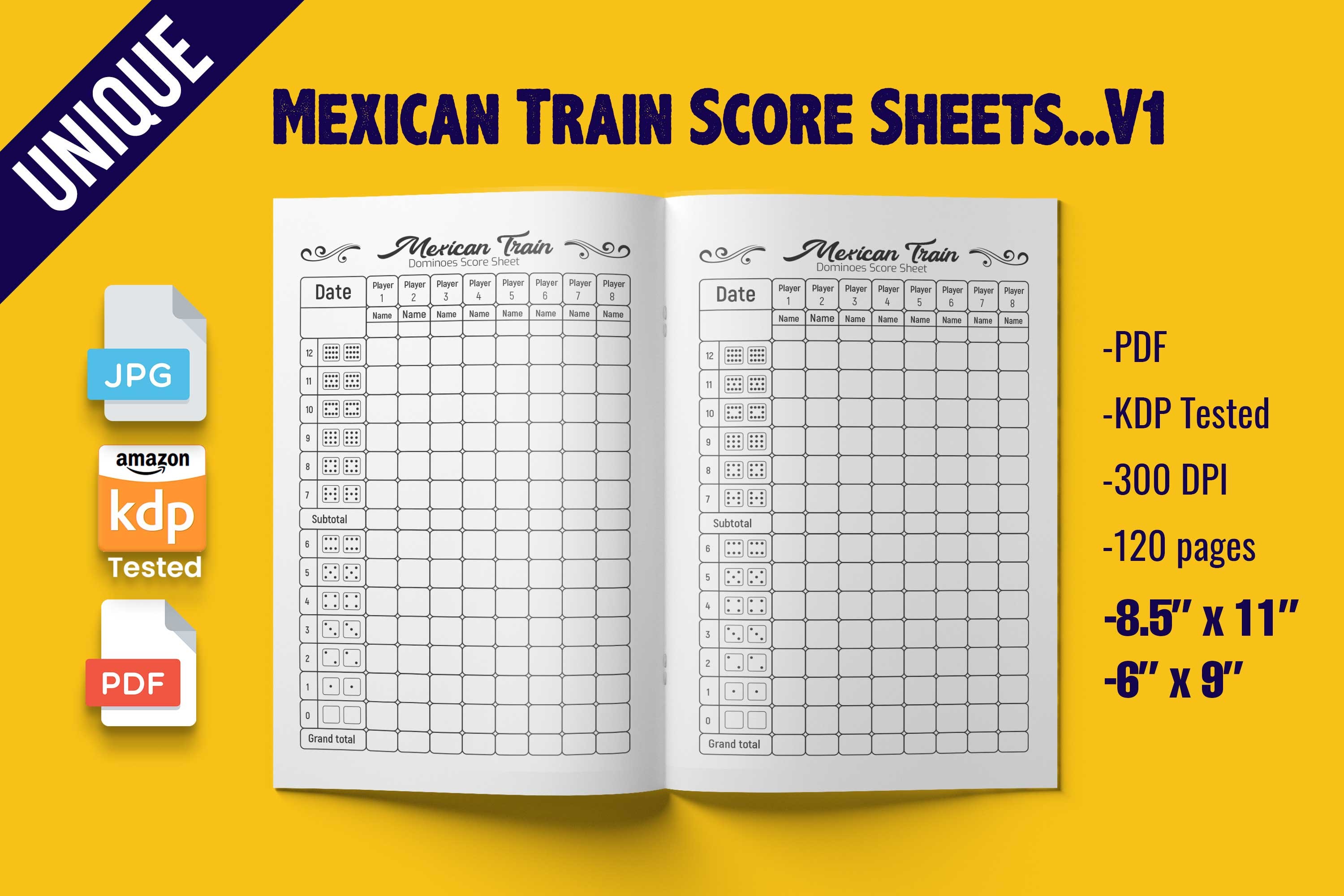 Mexican Train Score Sheets KDP Interio Gráfico por Design Basket