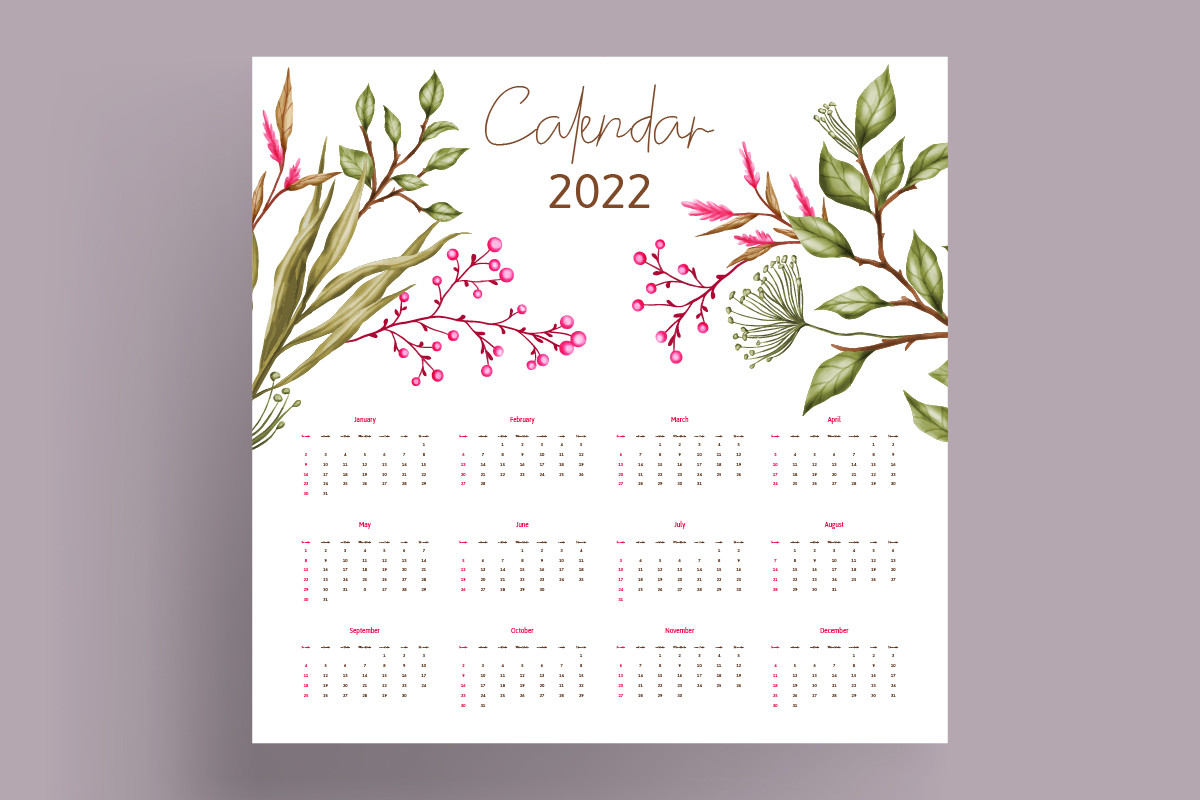 Watercolor Floral 2022 Calendar Template Graphic by dheodonnya ...