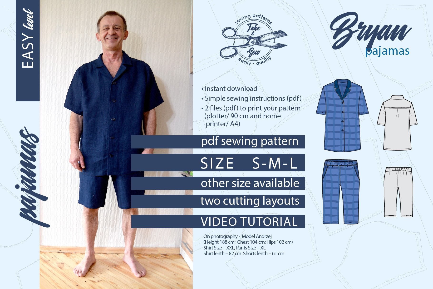 Men Pajamas Pattern Size S M L Bryan Graphic by TakeAndSew · Creative ...