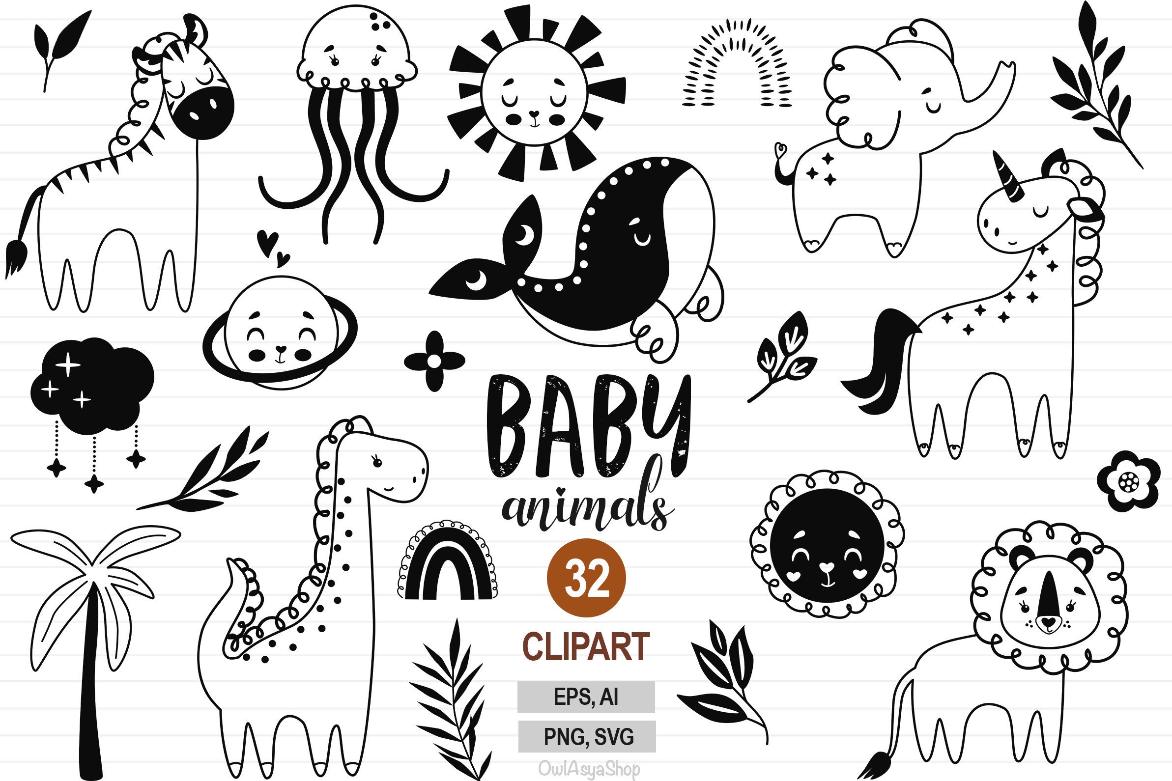 baby animal clip art black and white