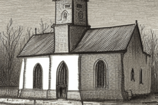 Antique Pen & Ink Village Church Drawing