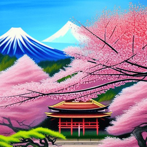 Cherry Blossom Tree Painting with Japanese House and Mountain ...