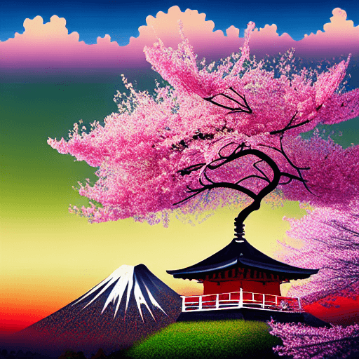 Cherry Blossom Tree with Japanese House and Mountain in Leonid Abramov ...