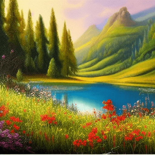 Realistic Color Oil Painting Valley Lake with Wildflowers · Creative ...