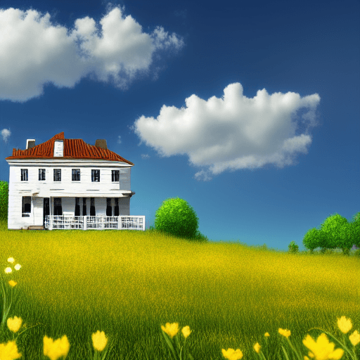 Old White Two Story House on a Hill with Yellow Wildflowers · Creative ...