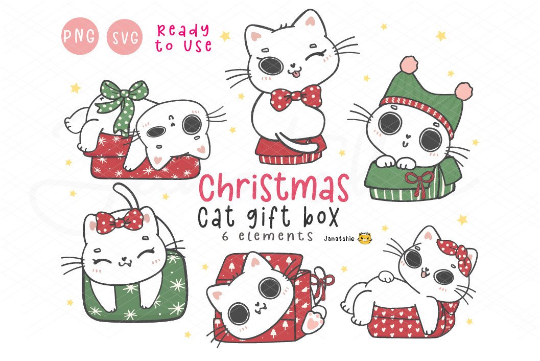 Kawaii Christmas Cat in Gift Box Clipart Graphic by Janatshie ...