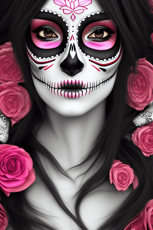 Beautiful Woman Day of the Dead Long Flowing Black Hair · Creative Fabrica