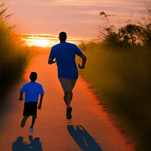 Padre e hijo corriendo hacia la puesta de sol · Creative Fabrica