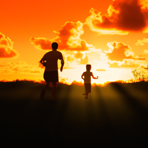 Padre e hijo corriendo hacia la puesta de sol · Creative Fabrica