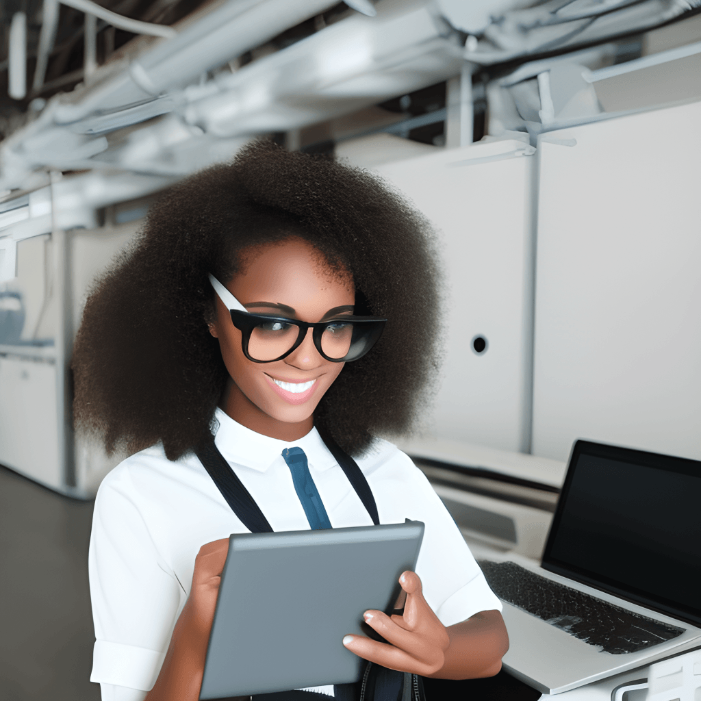 Cute Black Girl Working in Technology · Creative Fabrica