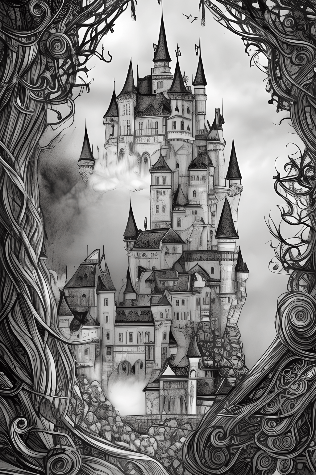 Dessin de conte de fées fantaisiste en noir et blanc à doublure épaisse  ultra détaillé représentant un diorama du château · Creative Fabrica