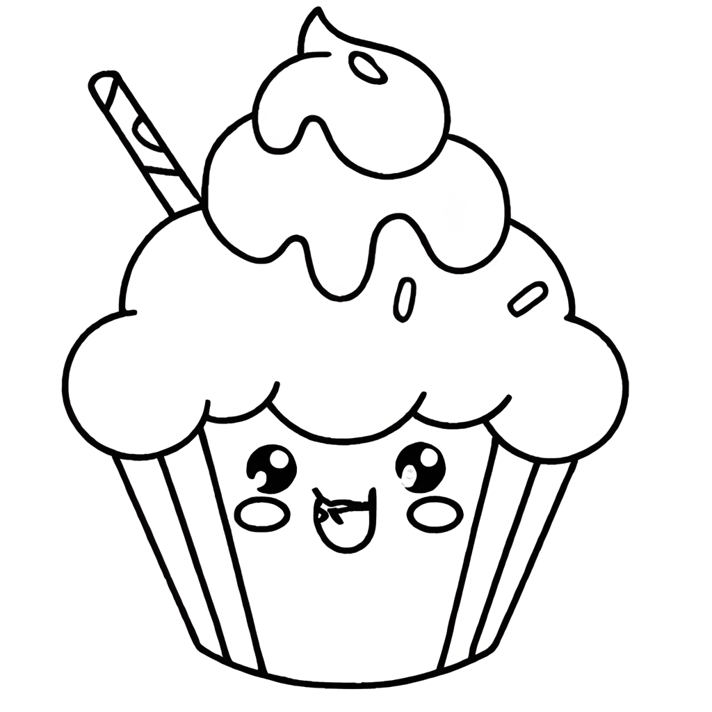 Black and White Cupcake Kawaii Style Coloring Page for Kids · Creative ...