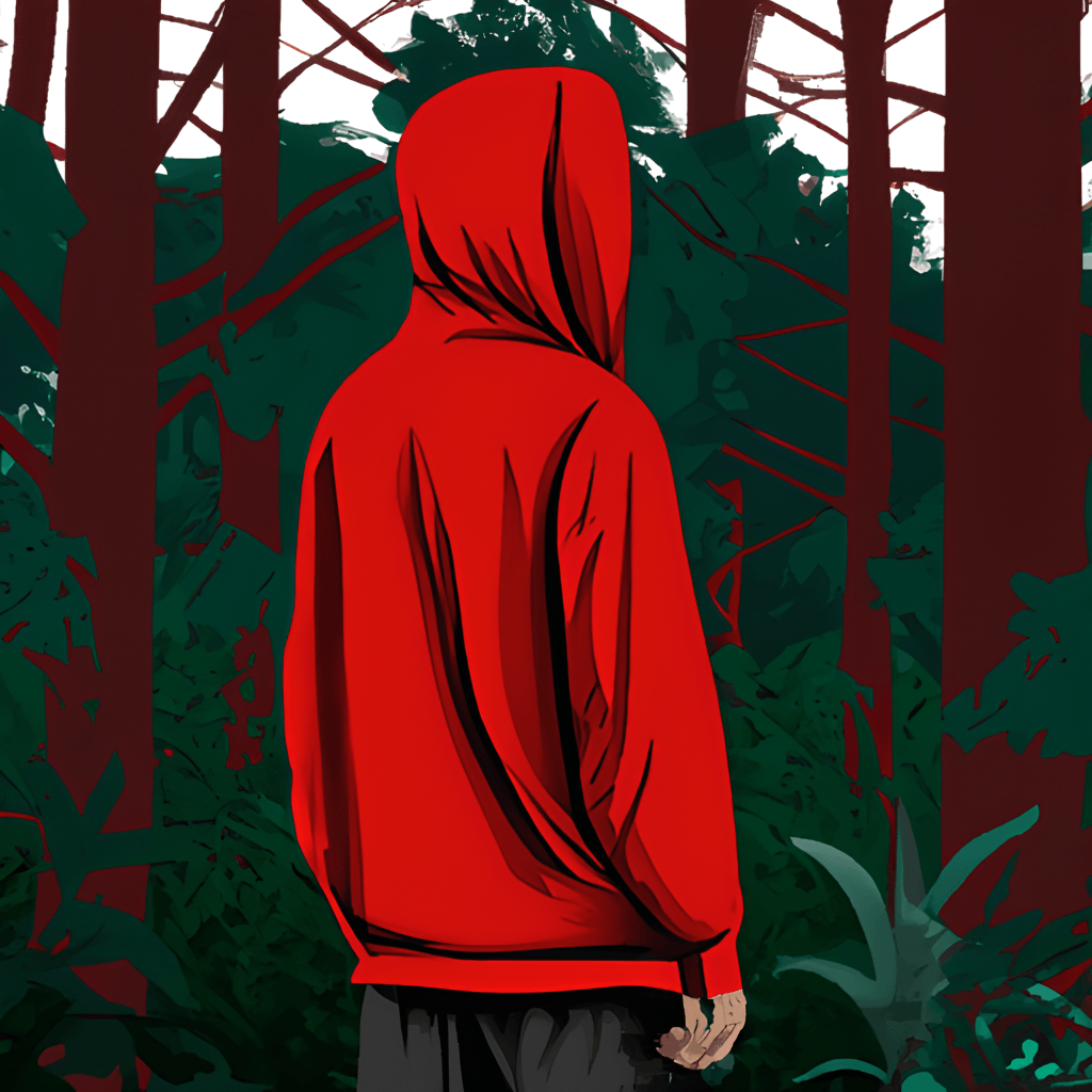 Sudadera roja con capucha en el bosque · Creative Fabrica