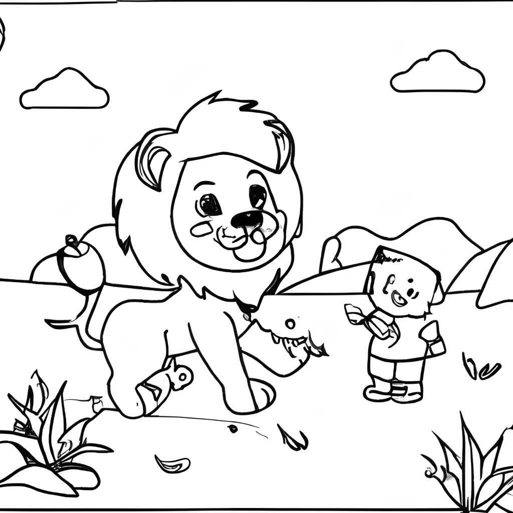 Coloring Page Black and White Lion and Kid in the Savana · Creative Fabrica