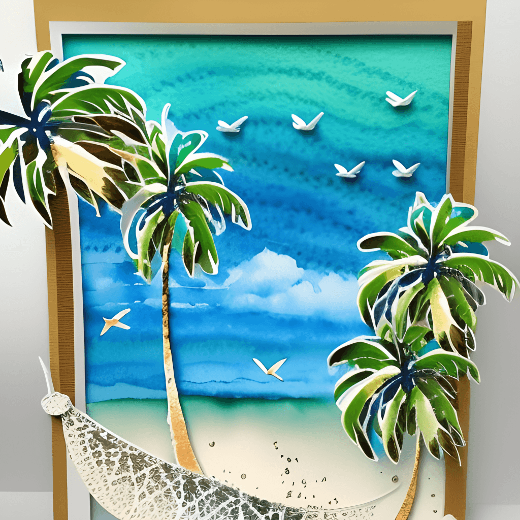 Whimsical Creative Paper Art 3D Green Waves Beach Sand Sea Shells Palm ...