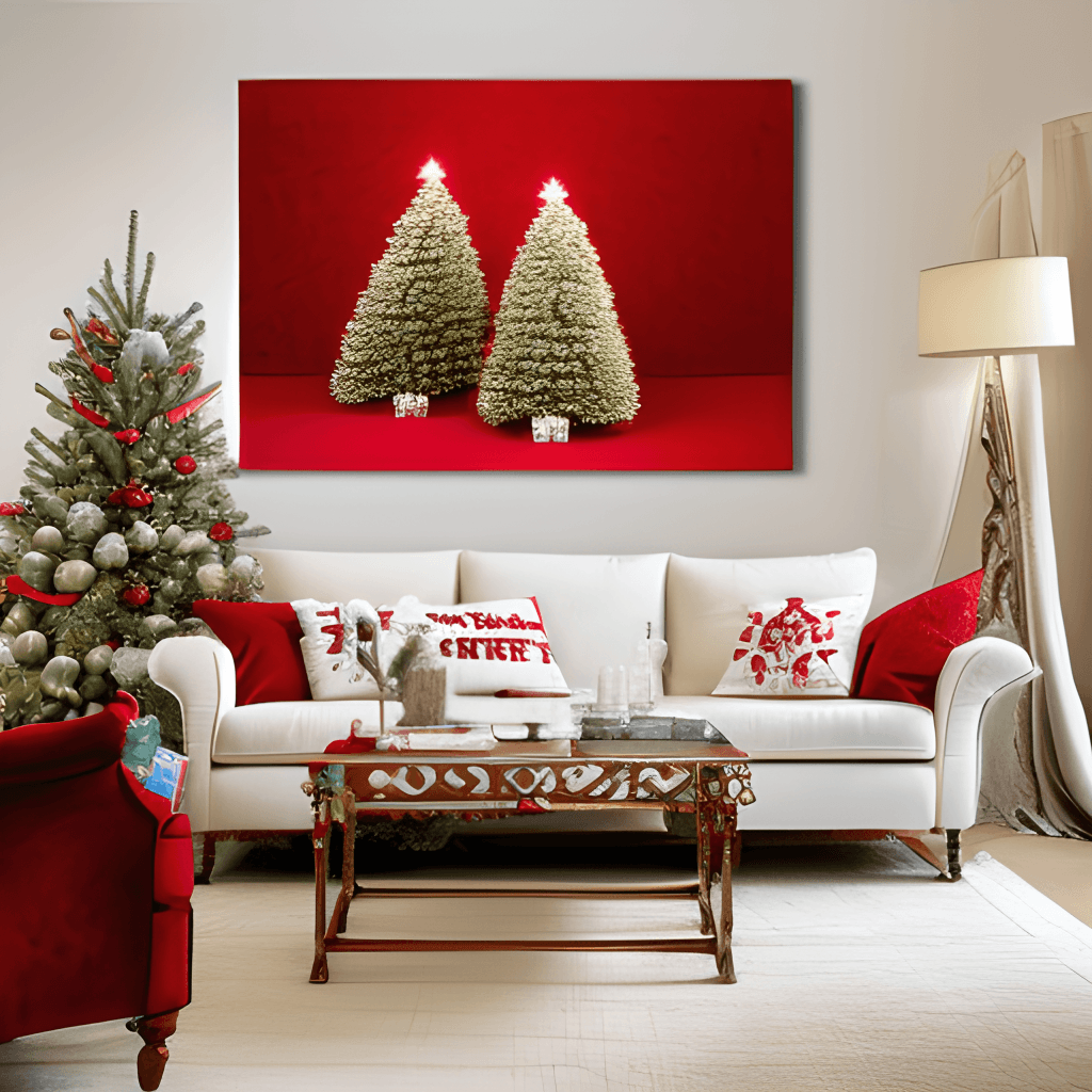 Albero di Natale, salotto, divano rosso, soffice tappeto bianco