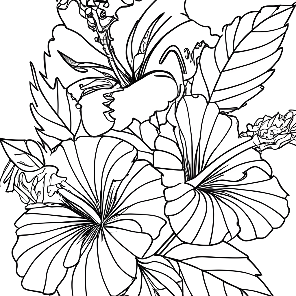 Hibiscus Flowers Coloring Page Black and White · Creative Fabrica