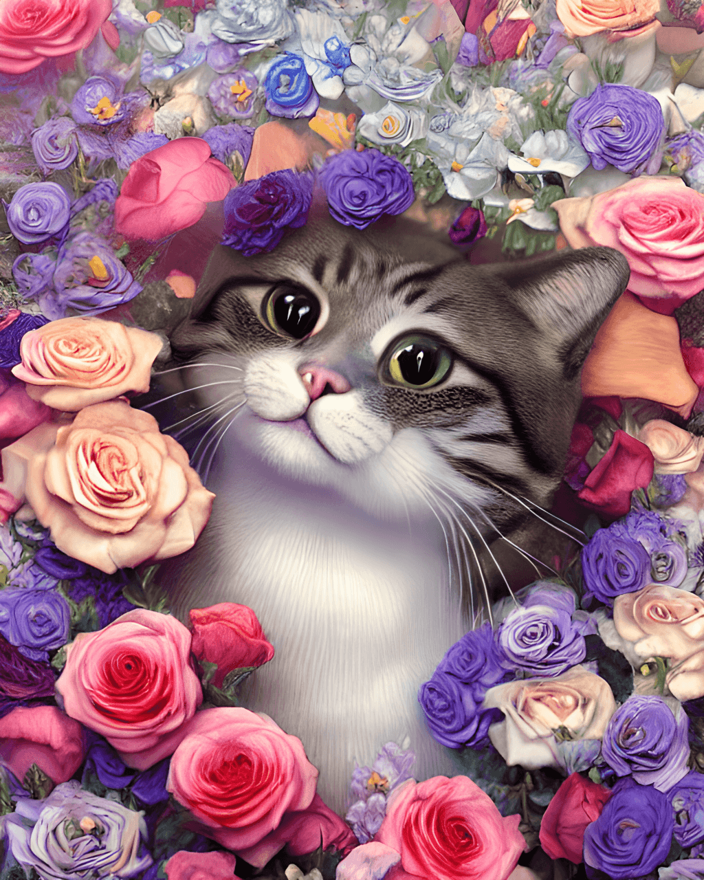 Perfil de gato Kawaii com flor · Creative Fabrica