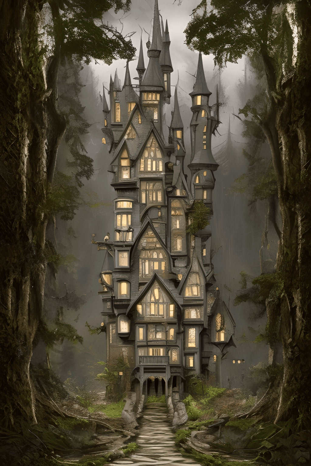 Linda bruxa na floresta perto de um castelo · Creative Fabrica