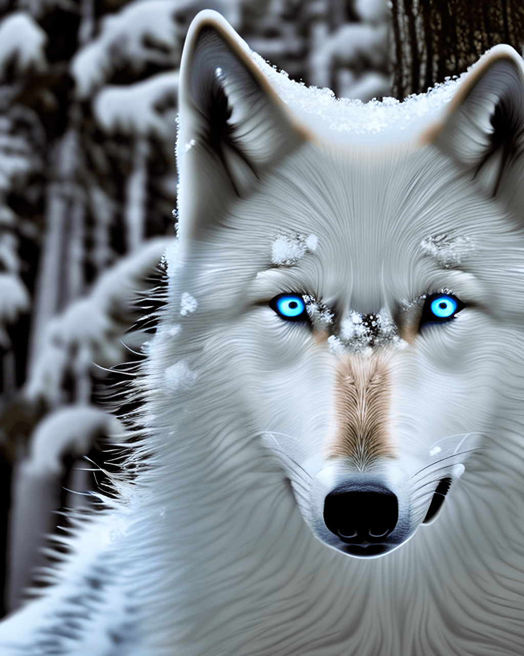white wolf with blue eyes in snow