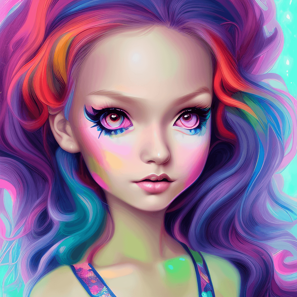 Magical Girl with Huge Eyes and Curly Rainbow Hair · Creative Fabrica