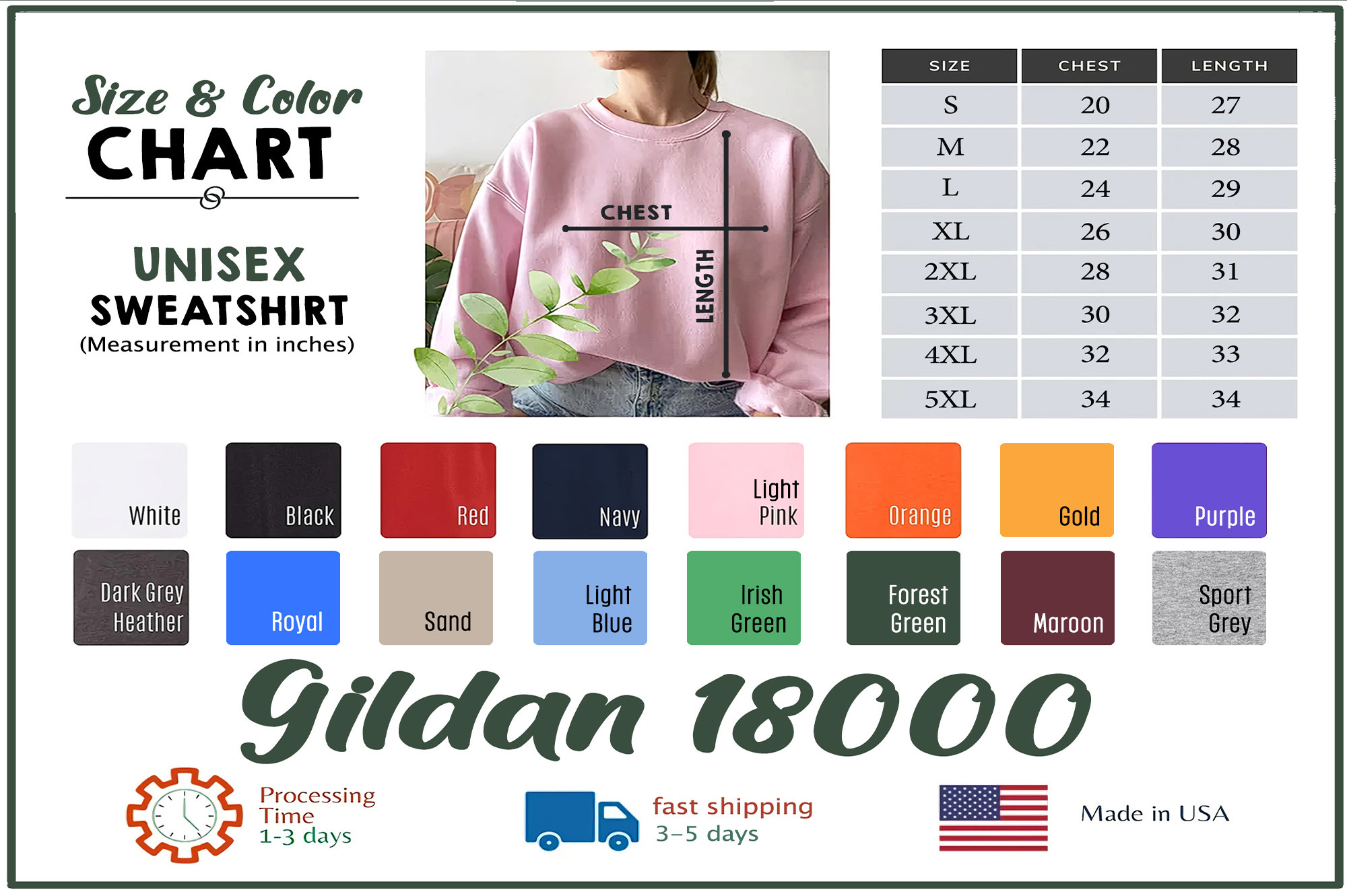 Gildan 18000 Size Color Chart Sweatshirt Graphic by