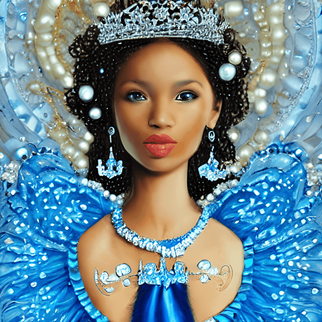 Mujer melanina con rostro feliz y hermoso vestido de princesa con tutú azul  · Creative Fabrica