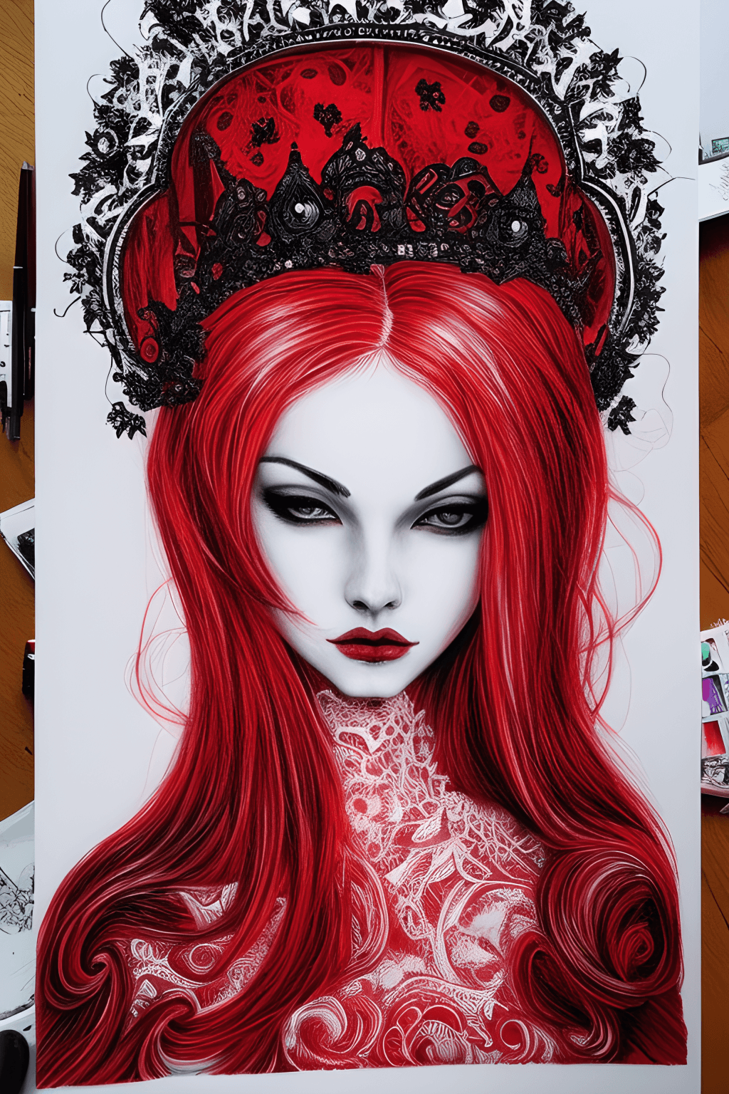 Red Gothic Lady in Lace with Crown Whiteboard Ink Light Painting ...