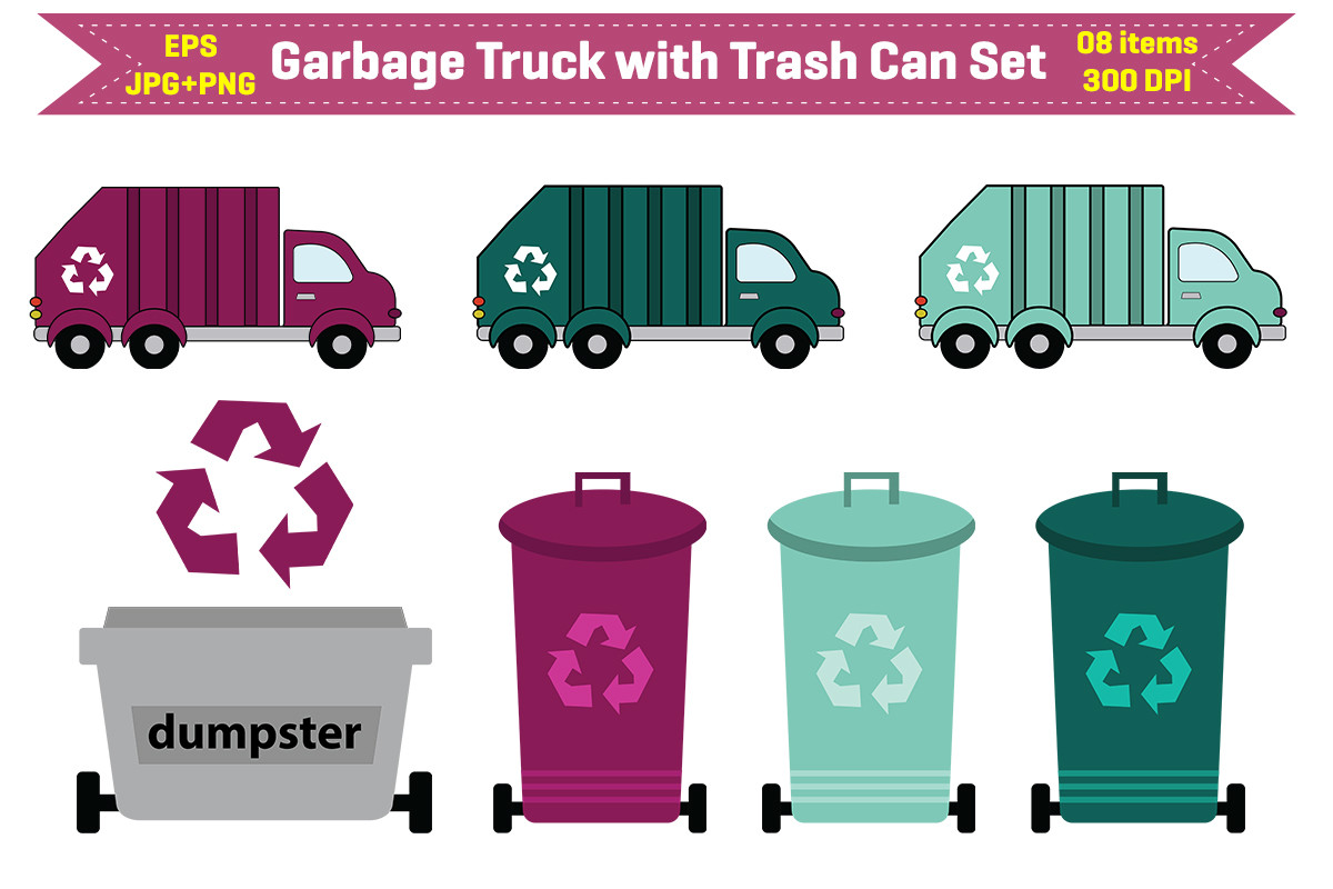 Garbage Truck With Trash CanSet Clipart Graphics 61008789 1 