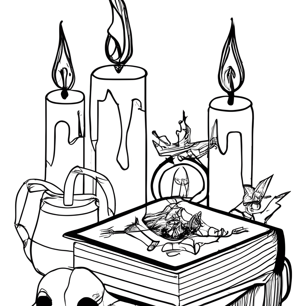 Witchcraft Candles and Books Coloring Page · Creative Fabrica