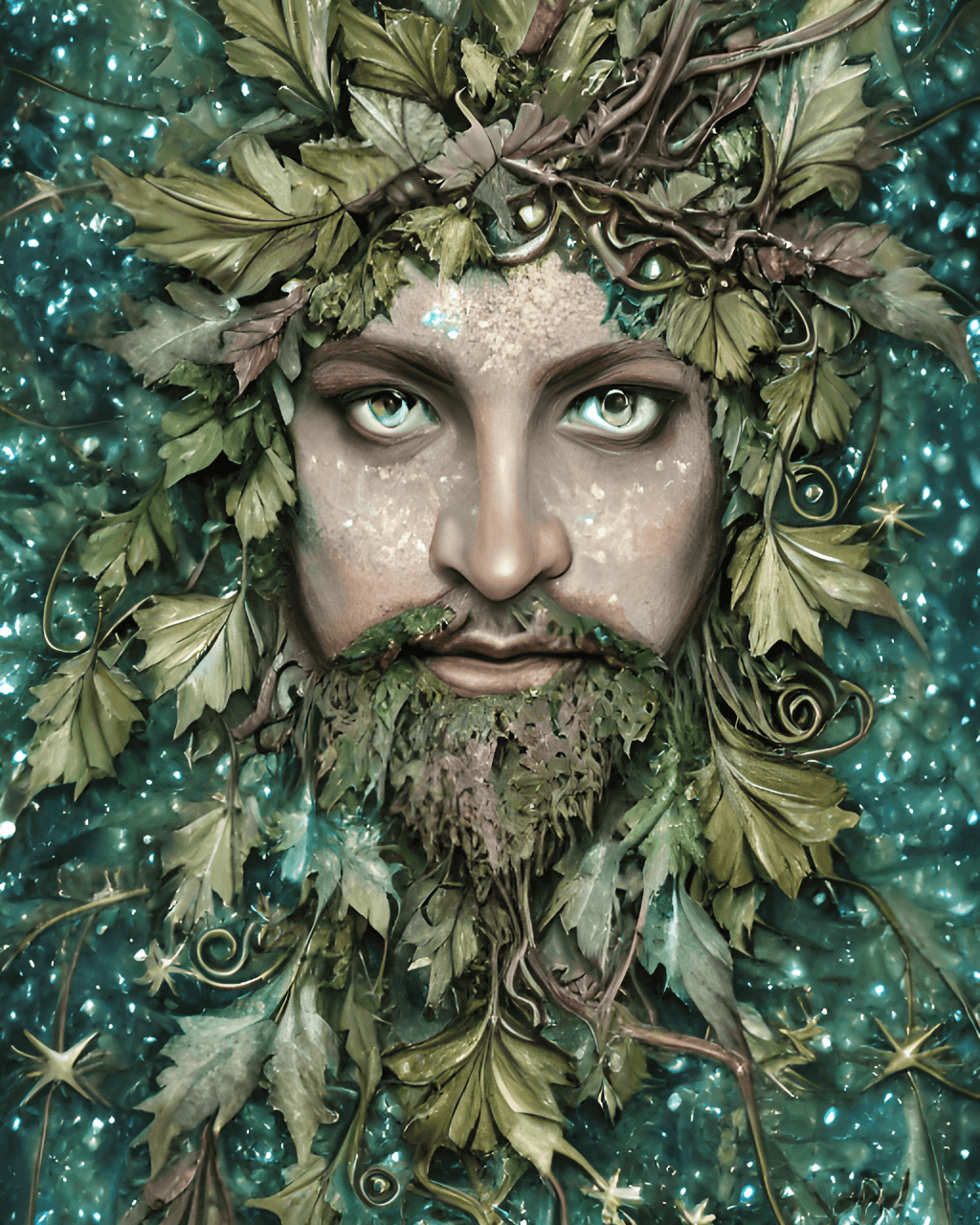 Whimsical Realistic Art Nouveau Pagan Green Man Leaf Covered · Creative ...