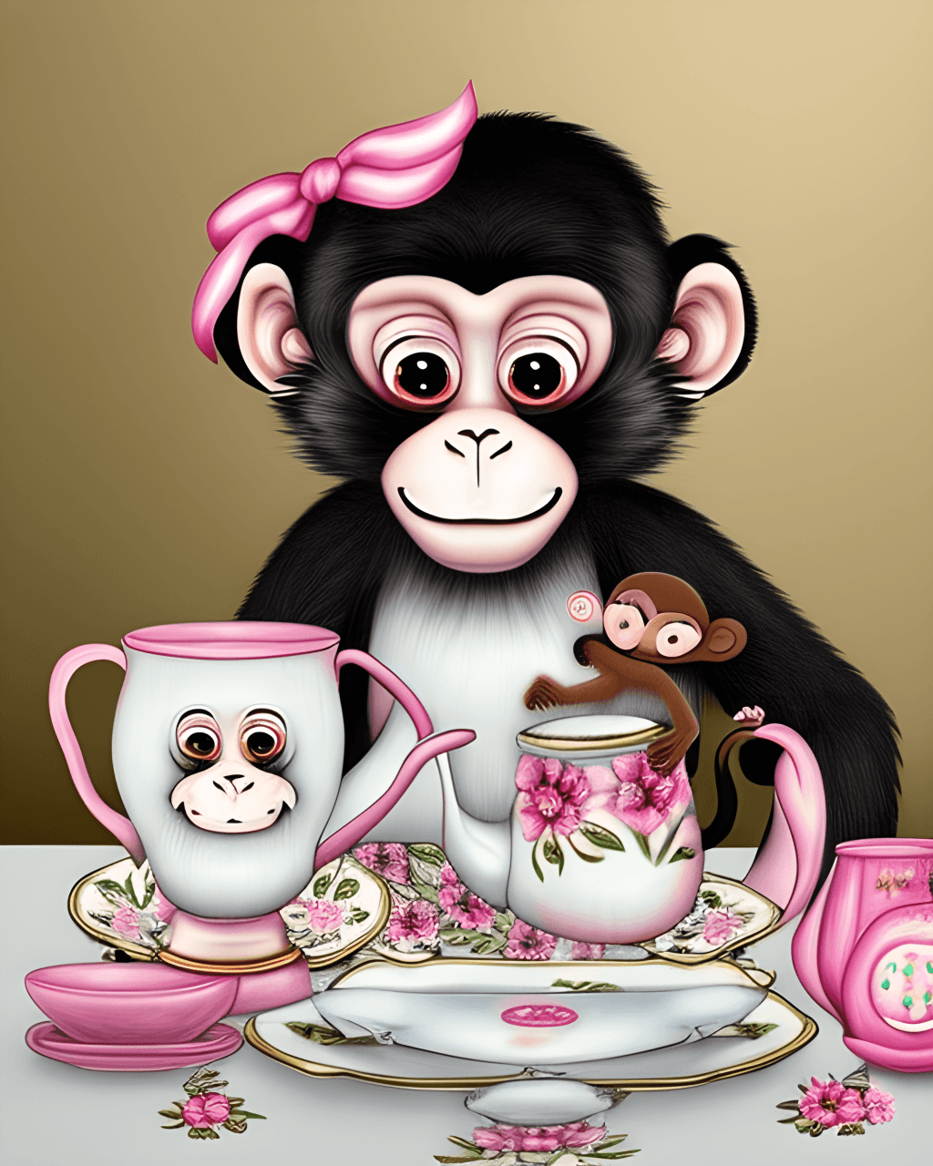Macacos fofos em uma festa de chá · Creative Fabrica
