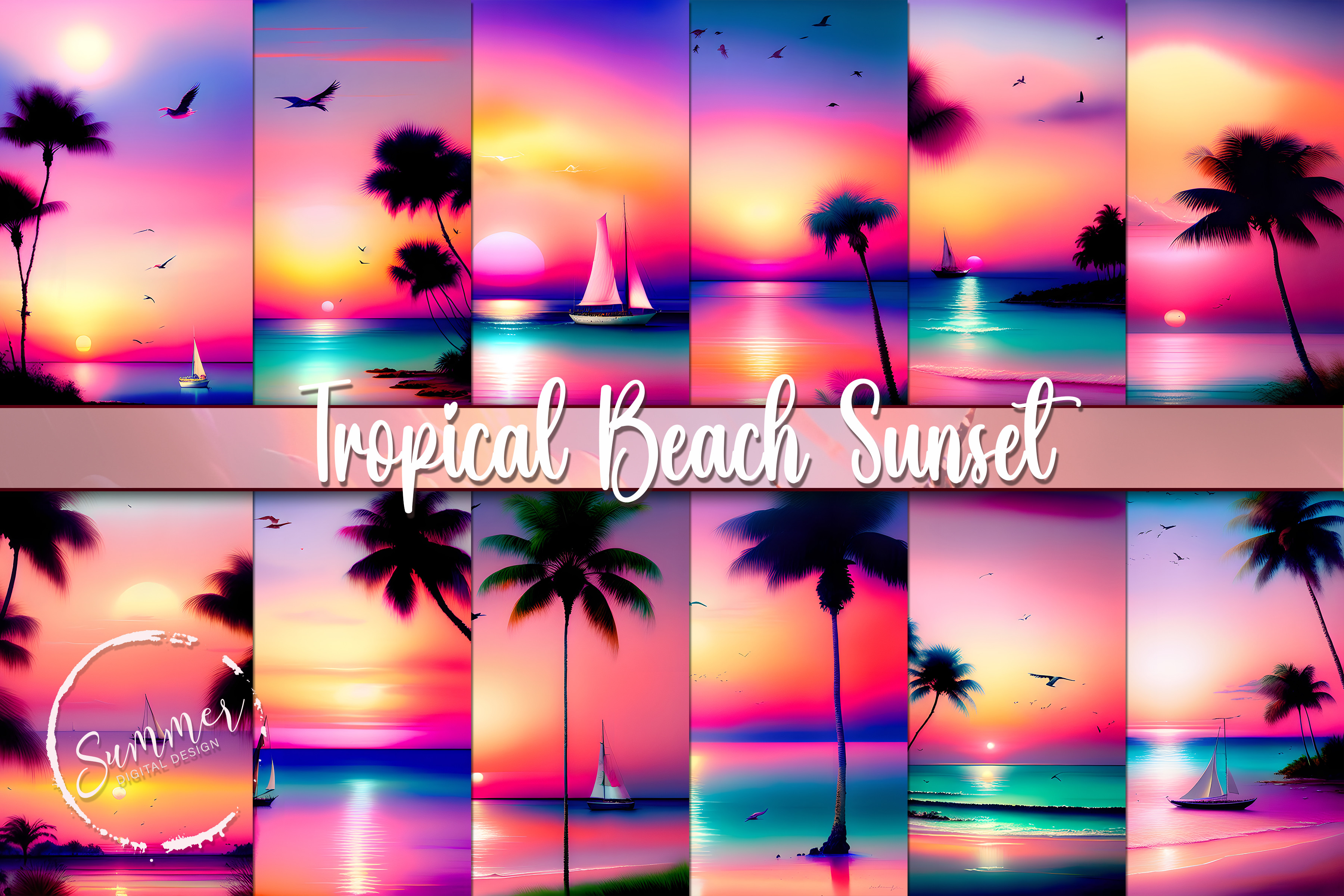 Tropical Beach Sunset Summer Background Illustration Par Summer Digital Design · Creative Fabrica