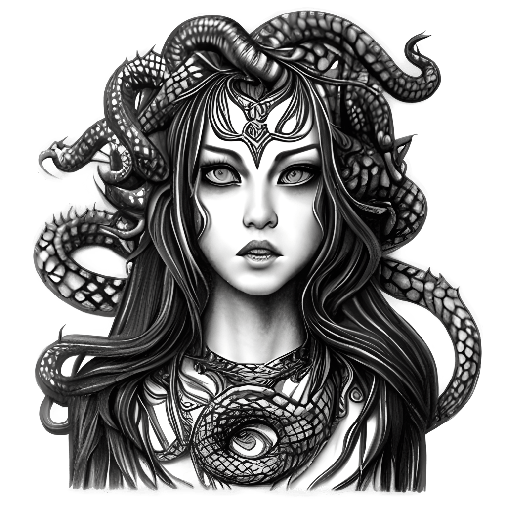 Splash art of beautiful Medusa with snake hair weari