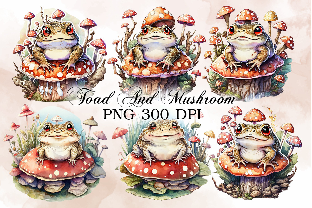 Mushrooms and Toad Watercolor Clipart Graphic by Little Girl · Creative ...