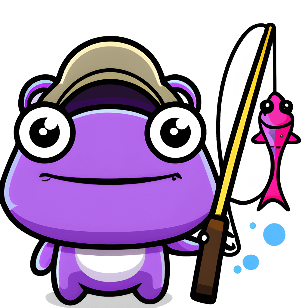 Cute Adorable Purple Frog Holding a Fishing Pole · Creative Fabrica