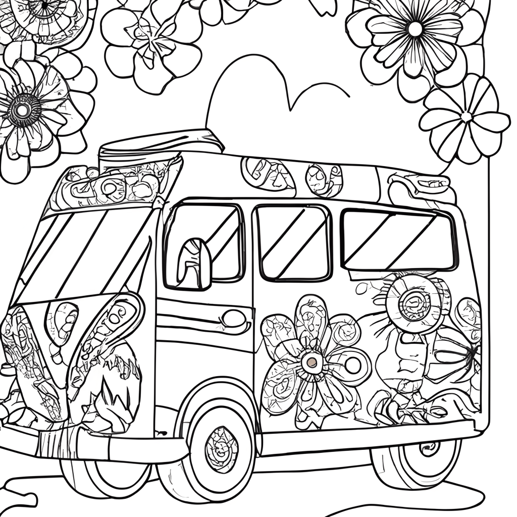 Coloring Page Black and White Retro Van with Flowers · Creative Fabrica
