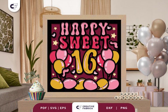Happy Sweet 16 with Balloons Shadow Box · Creative Fabrica