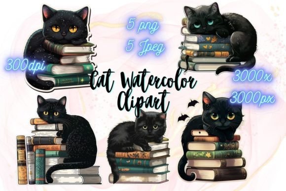 Black Cat & Books Watercolor Stickers Graphic by LineArt · Creative Fabrica