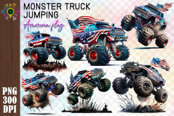 Monster Pickup Truck with USA Flag Cartoon - Pickup - Sticker