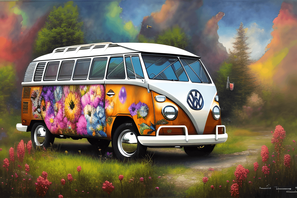Volkswagen Bus Hippie Style 1968 Flowers Power 3d Art Watercolors