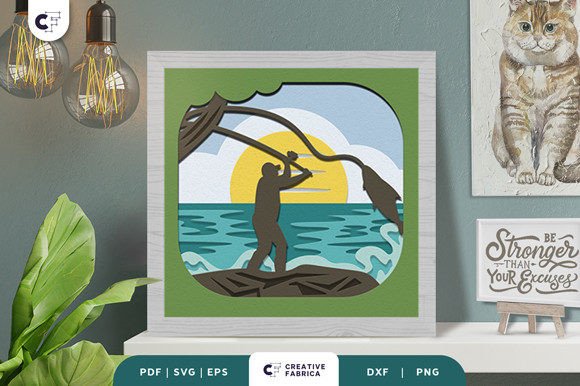 Man Fishing in the Lagoon 3D Shadow Box · Creative Fabrica