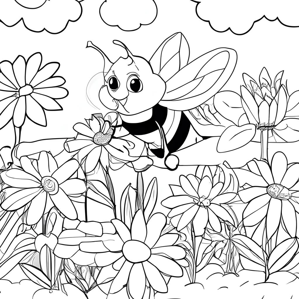 Bee in a Flower Garden Coloring Page Black and White · Creative Fabrica