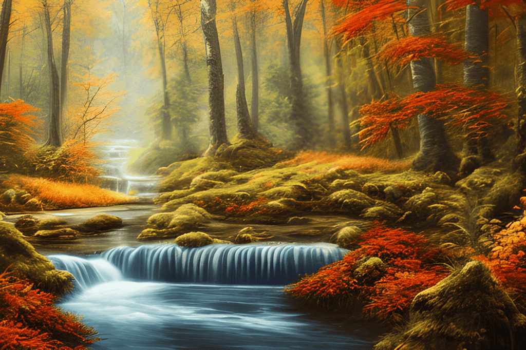 Hyper Realistic Waterfall Nature Forest Scenery Autumn Painting ...