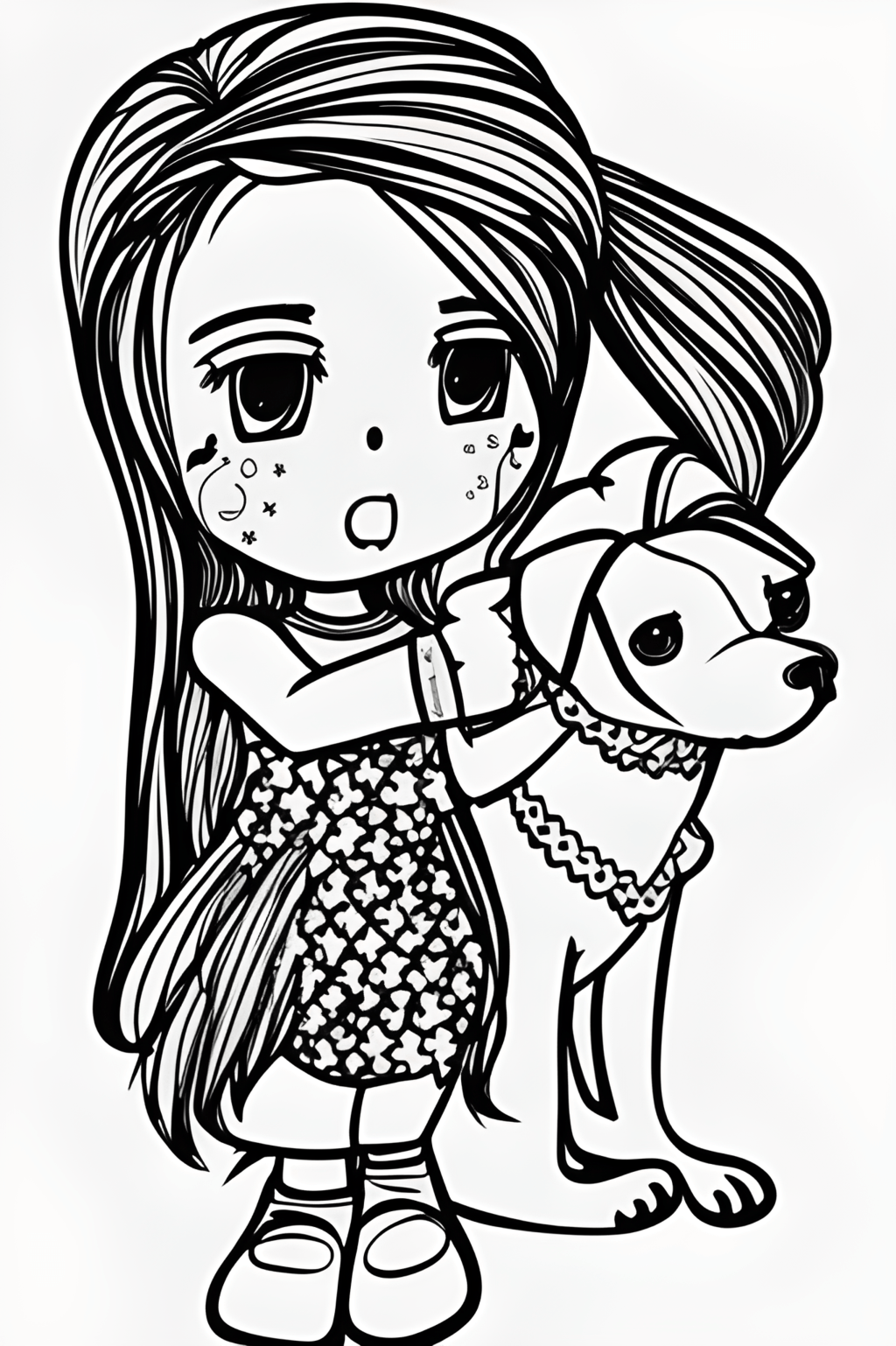 Chibi Girl with Ponytail and Dog · Creative Fabrica