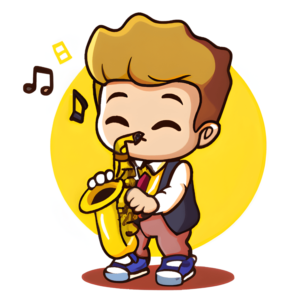 Enfant musicien de dessin animé Kawaii jouant du saxophone · Creative  Fabrica