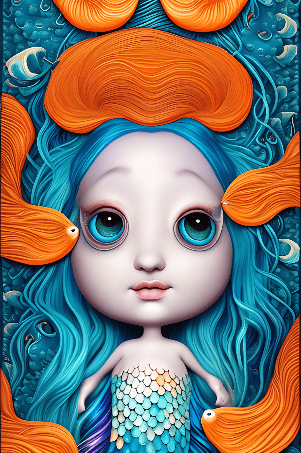 Beautiful Mermaid Face with Orange Fish · Creative Fabrica